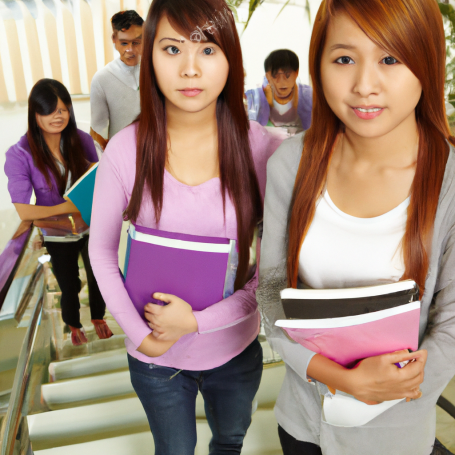 Two young women holding notebooks ascend stairs, with others following behind.