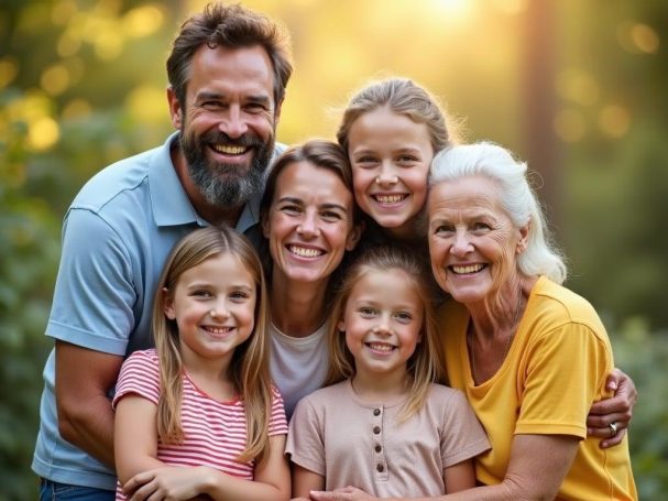 A happy multigenerational family group smiling outdoors in soft sunlight.